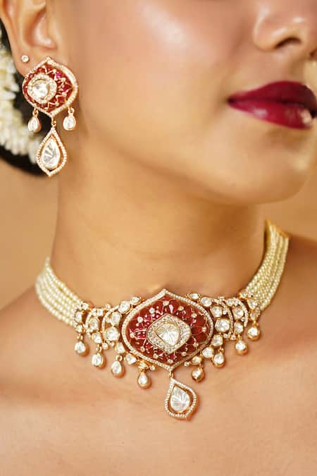 MRJEWELS Royal Ruby Kundan Pearl Choker Set 