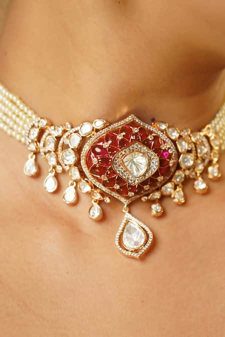 MRJEWELS_White Pearls, Stones Royal Ruby Kundan Choker Set _Online_at_Aza_Fashions