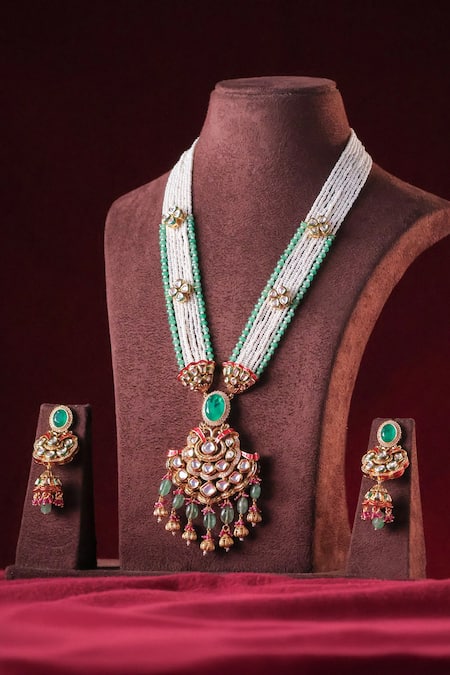 MRJEWELS Jodhpur Chand Polki Studded Pendant Necklace Set 