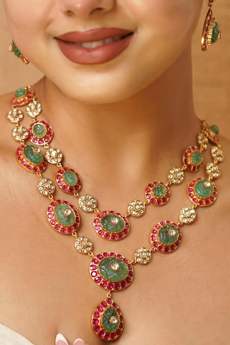 MRJEWELS Carved Stone Layered Necklace Set 
