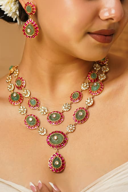 MRJEWELS Carved Stone Layered Necklace Set 