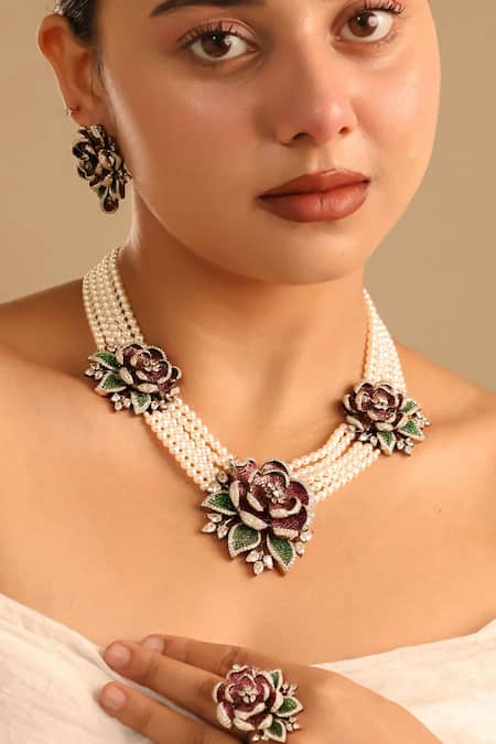 MRJEWELS Imitation Diamond & Pearl Studded Necklace Set 