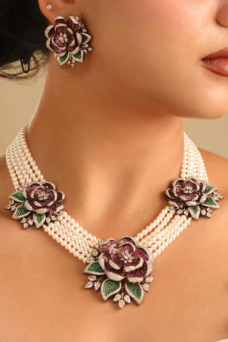 MRJEWELS Imitation Diamond & Pearl Studded Necklace Set 