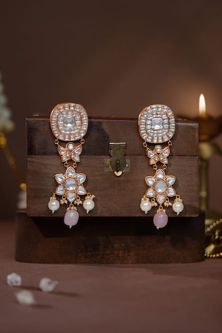 Riana Jewellery Floral Drop Earrings with Rose Quartz Drops 