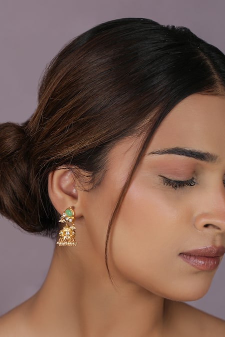 Riana Jewellery Matte Gold Jadtar Jhumka Earrings with Mint Green Stone 