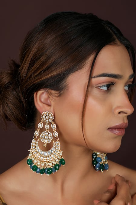 Riana Jewellery Chandbali Earrings with Green and Blue Beads 