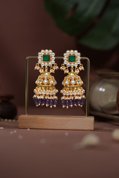 Riana Jewellery Gold Plated Jhumka Earrings with Purple Beads 