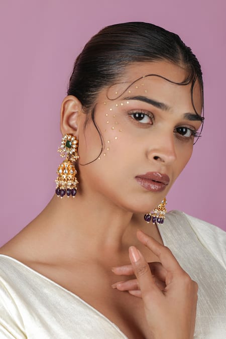 Riana Jewellery Gold Plated Jhumka Earrings with Purple Beads 