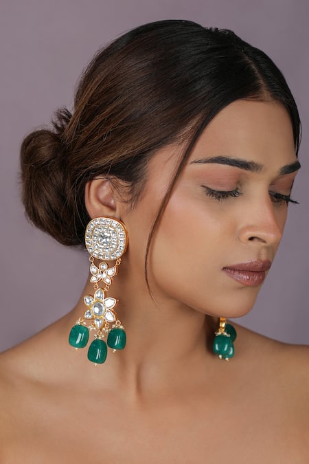 Riana Jewellery Kundan Jadtar Earrings with Emerald Beads 
