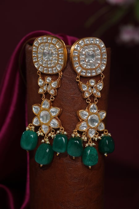 Riana Jewellery Kundan Jadtar Earrings with Emerald Beads 