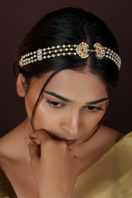 Riana Jewellery Matte Gold Plated Pearl Mathapatti Head Chain 