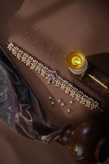 Riana Jewellery Matte Gold Matha Patti Pink White Pearl Hair Accessory 