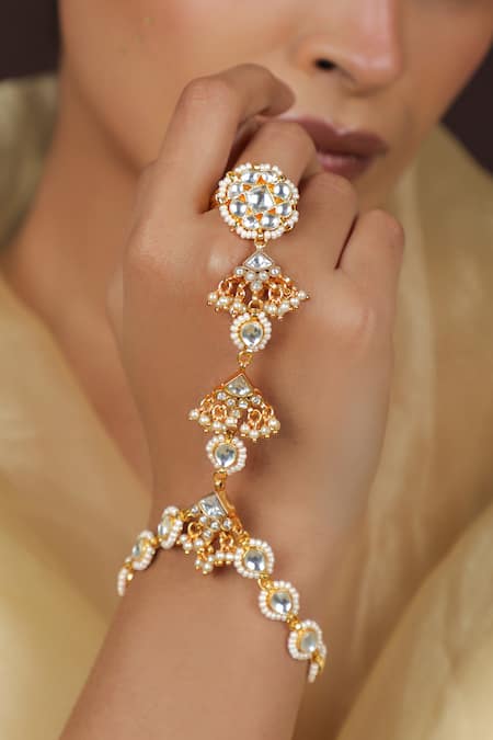 Riana Jewellery Matte Gold Hathphool Set with White Stones 