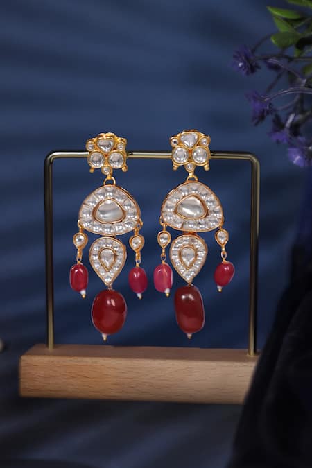 Buy_Riana Jewellery_Pink Beads, Pearls, Stones Geometric Cutwork Necklace And Earrings Set _Online_at_Aza_Fashions