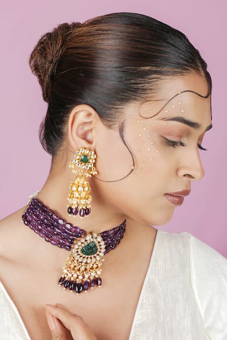 Riana Jewellery Emerald Amethyst Beaded Jadtar Necklace & Earrings Set 