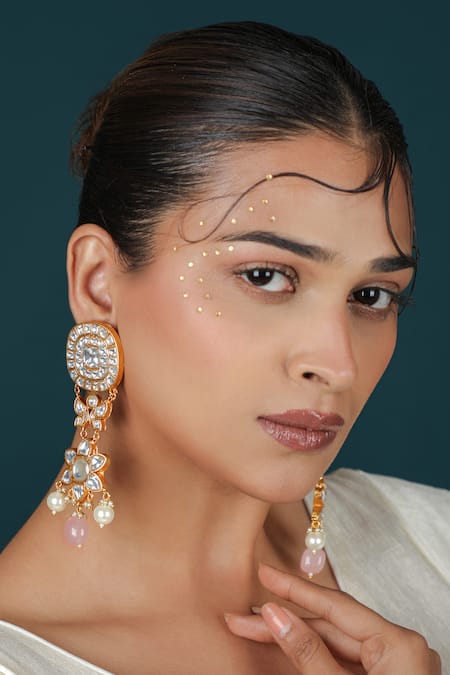 Riana Jewellery_Pink Beads, Pearls, Stones, Crystals Floret Cutwork Necklace And Earrings Set _Online_at_Aza_Fashions