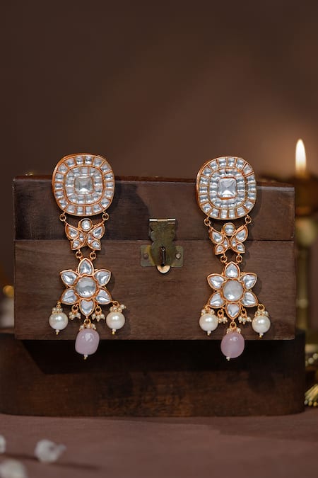 Buy_Riana Jewellery_Pink Beads, Pearls, Stones, Crystals Floret Cutwork Necklace And Earrings Set _Online_at_Aza_Fashions