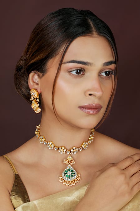 Riana Jewellery Gold-Plated Necklace & Earrings Set with Green Stones 