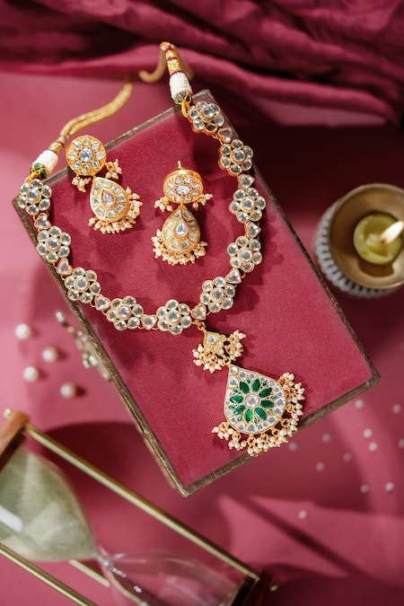 Riana Jewellery Gold-Plated Necklace & Earrings Set with Green Stones 