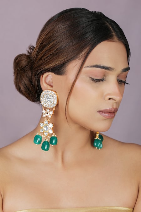 Riana Jewellery_Green Beads, Pearls, Stones Contrast Beaded Drop Necklace And Earrings Set _Online_at_Aza_Fashions