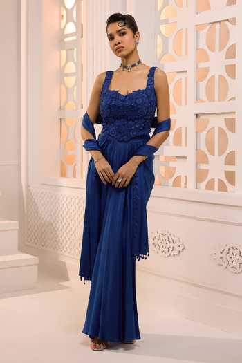 Aneesh Agarwaal_Blue Organza, Satin Lace, The Indira Sapphire Embroidered Corset Skirt Set _Online_at_Aza_Fashions