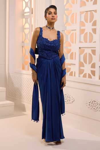 Buy_Aneesh Agarwaal_Blue Organza, Satin Lace, The Indira Sapphire Embroidered Corset Skirt Set _Online_at_Aza_Fashions