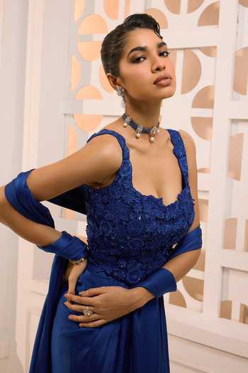 Shop_Aneesh Agarwaal_Blue Organza, Satin Lace, The Indira Sapphire Embroidered Corset Skirt Set _Online_at_Aza_Fashions