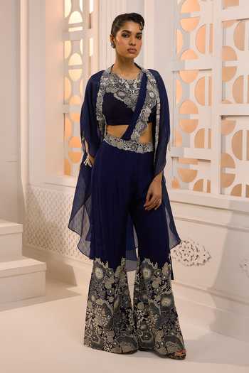 Aneesh Agarwaal_Blue Organza Embroidery Round Neck Zareen Cape Pant Set _Online_at_Aza_Fashions
