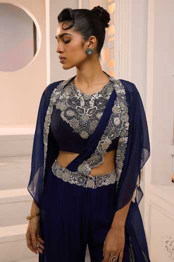 Buy_Aneesh Agarwaal_Blue Organza Embroidery Round Neck Zareen Cape Pant Set _Online_at_Aza_Fashions