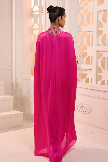 Shop Aneesh Agarwaal Pink Satin Gulnaar Placement Embroidered Cape Set at Aza Fashions Shop_Aneesh Agarwaal_Pink Satin Gulnaar Placement Embroidered Cape Set _at_Aza_Fashions