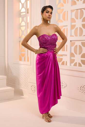 Buy_Aneesh Agarwaal_Pink Net, Satin Sequins Alya Embroidered Corset And Skirt Set _Online_at_Aza_Fashions