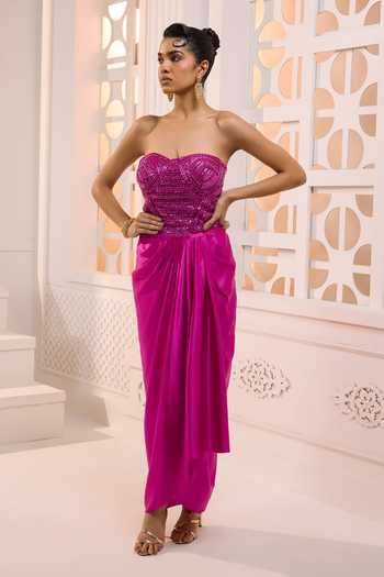 Shop_Aneesh Agarwaal_Pink Net, Satin Sequins Alya Embroidered Corset And Skirt Set _Online_at_Aza_Fashions