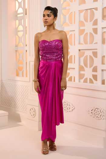 Buy_Aneesh Agarwaal_Pink Net, Satin Sequins Alya Embroidered Corset And Skirt Set 