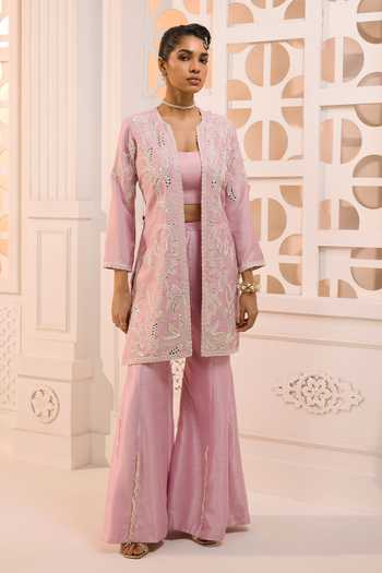 Buy Aneesh Agarwaal Pink Organza, Silk Embroidery, Mirrors, Meher Gulzar Floral Jacket Sharara Set Online at Aza Fashions Buy_Aneesh Agarwaal_Pink Organza, Silk Embroidery, Mirrors, Meher Gulzar Floral Jacket Sharara Set _Online_at_Aza_Fashions