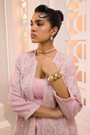 Shop Aneesh Agarwaal Pink Organza, Silk Embroidery, Mirrors, Meher Gulzar Floral Jacket Sharara Set Online at Aza Fashions Shop_Aneesh Agarwaal_Pink Organza, Silk Embroidery, Mirrors, Meher Gulzar Floral Jacket Sharara Set _Online_at_Aza_Fashions