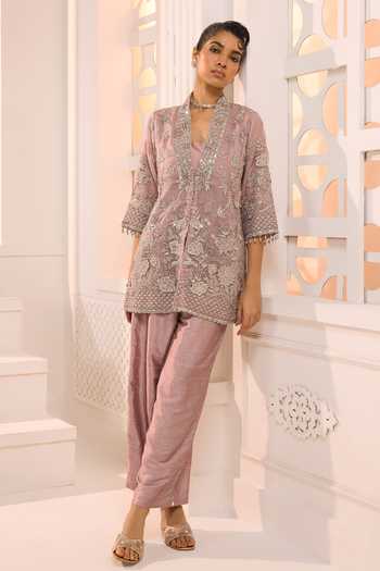 Buy_Aneesh Agarwaal_Pink Organza, Silk Embroidery, Zari, Stones Maya Floral Jacket And Pant Set _Online_at_Aza_Fashions