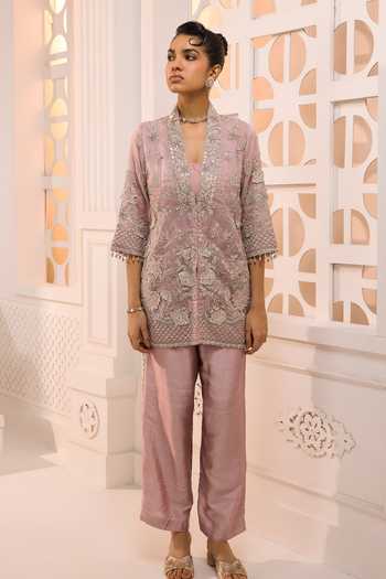 Shop_Aneesh Agarwaal_Pink Organza, Silk Embroidery, Zari, Stones Maya Floral Jacket And Pant Set _Online_at_Aza_Fashions