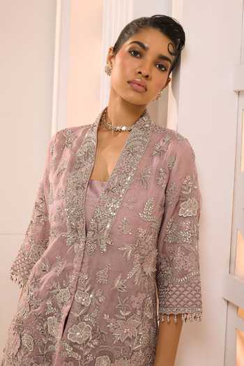 Aneesh Agarwaal_Pink Organza, Silk Embroidery, Zari, Stones Maya Floral Jacket And Pant Set _at_Aza_Fashions