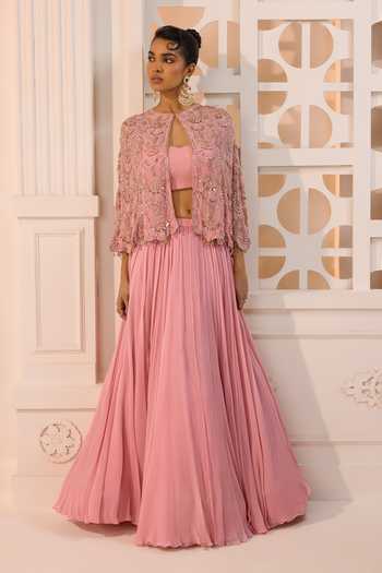 Aneesh Agarwaal Pink Chiffon, Crinkle Embroidery, Sequins Nayantara Floral Cape Lehenga Set Online at Aza Fashions Aneesh Agarwaal_Pink Chiffon, Crinkle Embroidery, Sequins Nayantara Floral Cape Lehenga Set _Online_at_Aza_Fashions