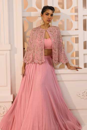 Buy Aneesh Agarwaal Pink Chiffon, Crinkle Embroidery, Sequins Nayantara Floral Cape Lehenga Set Online at Aza Fashions Buy_Aneesh Agarwaal_Pink Chiffon, Crinkle Embroidery, Sequins Nayantara Floral Cape Lehenga Set _Online_at_Aza_Fashions
