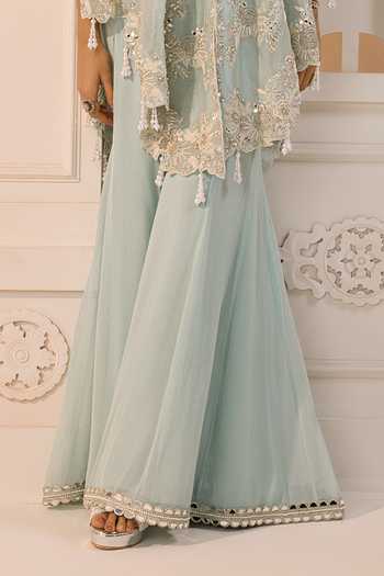 Aneesh Agarwaal Blue Organza, Chiffon Embroidery, Sequins Meher Floral Cape Sharara Set Online at Aza Fashions Aneesh Agarwaal_Blue Organza, Chiffon Embroidery, Sequins Meher Floral Cape Sharara Set _Online_at_Aza_Fashions