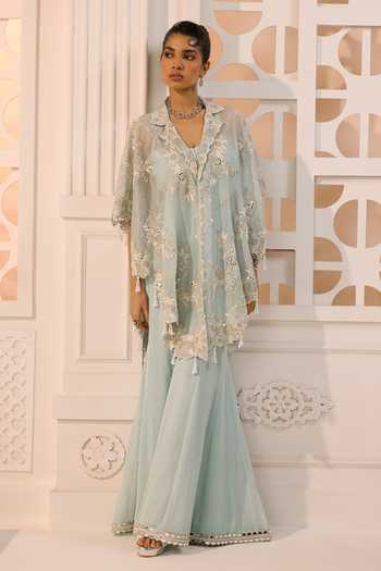 Shop Aneesh Agarwaal Blue Organza, Chiffon Embroidery, Sequins Meher Floral Cape Sharara Set Online at Aza Fashions Shop_Aneesh Agarwaal_Blue Organza, Chiffon Embroidery, Sequins Meher Floral Cape Sharara Set _Online_at_Aza_Fashions