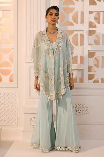 Aneesh Agarwaal Blue Organza, Chiffon Embroidery, Sequins Meher Floral Cape Sharara Set at Aza Fashions Aneesh Agarwaal_Blue Organza, Chiffon Embroidery, Sequins Meher Floral Cape Sharara Set _at_Aza_Fashions