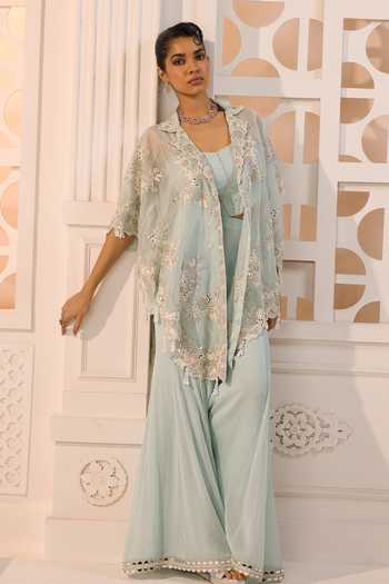 Buy Aneesh Agarwaal Blue Organza, Chiffon Embroidery, Sequins Meher Floral Cape Sharara Set Buy_Aneesh Agarwaal_Blue Organza, Chiffon Embroidery, Sequins Meher Floral Cape Sharara Set