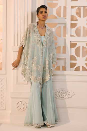 Shop Aneesh Agarwaal Blue Organza, Chiffon Embroidery, Sequins Meher Floral Cape Sharara Set Shop_Aneesh Agarwaal_Blue Organza, Chiffon Embroidery, Sequins Meher Floral Cape Sharara Set