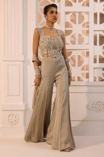 Aneesh Agarwaal Grey Organza, Silk, Tissue Embroidery, Sequins, Inara Floral Corset Sharara Set at Aza Fashions Aneesh Agarwaal_Grey Organza, Silk, Tissue Embroidery, Sequins, Inara Floral Corset Sharara Set _at_Aza_Fashions
