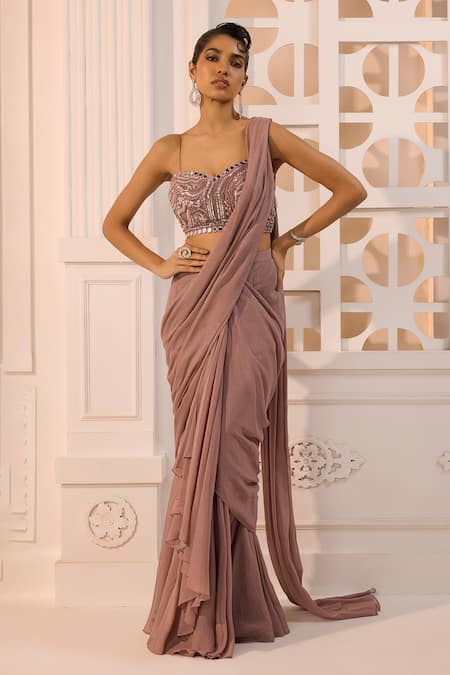 Aneesh Agarwaal Ezra Ruffle Pre-Draped Saree With Embroidered Blouse 