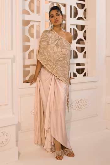 Aneesh Agarwaal_Ivory Organza, Satin Nora Embroidered Cape And Skirt Set _Online_at_Aza_Fashions