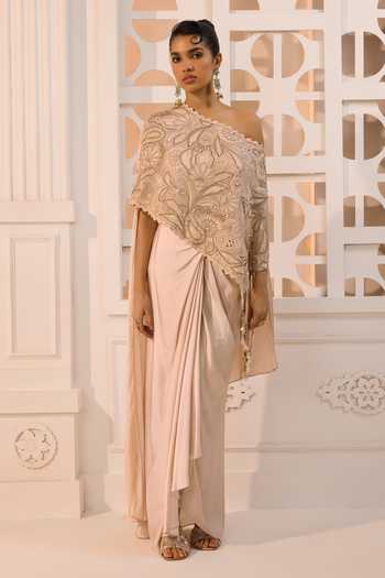 Shop_Aneesh Agarwaal_Ivory Organza, Satin Nora Embroidered Cape And Skirt Set _Online_at_Aza_Fashions