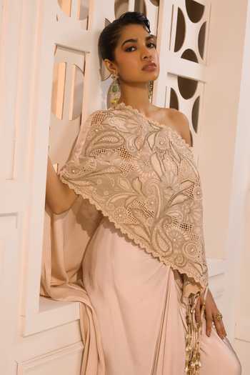 Aneesh Agarwaal_Ivory Organza, Satin Nora Embroidered Cape And Skirt Set _at_Aza_Fashions